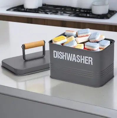 Dishwasher Tablet Storage Box Tin Metal Steel Laundry Kitchen Container Powder • £9.99
