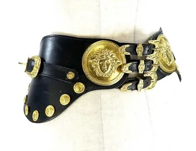 Versace Men's Black Gold Medusa Head Calf Leather Belt Size 88cm #E-195 • $1200