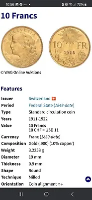 Gold Coin 1913-B Swiss 10 Franc • $299