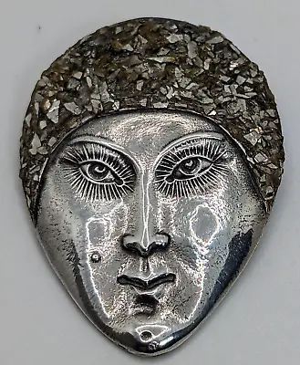 Vintage STG Sil  Sterling Silver  & Pyrite Shards Art Deco Face / Mask Brooch • £225