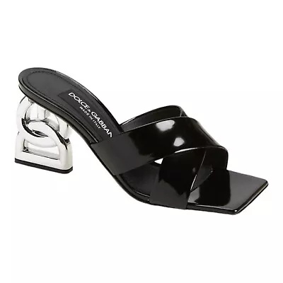 Dolce & Gabbana Black DG Logo Heel Crisscross Slide Sandals Mules Shoes 39.5 IT • $599