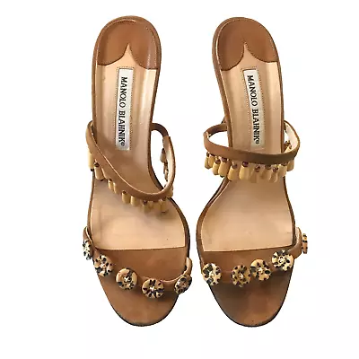 Manolo Blahnik Diora Sandals Heels Womens 37.5 7.5 Brown Suede Button Beaded • $138.74