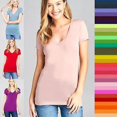 $5.45 • Buy Slim Fit V NECK Short Sleeve Soft Stretch Thin Comfy Basic Cotton T-Shirt Top