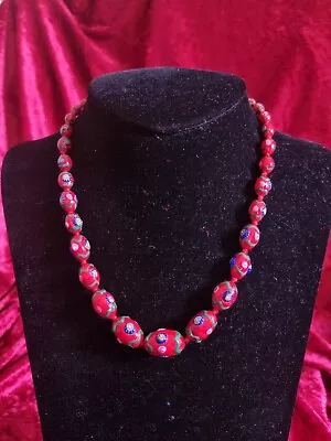 Vintage Red Murano Glass Bead Necklace 17.5inches Long • £18