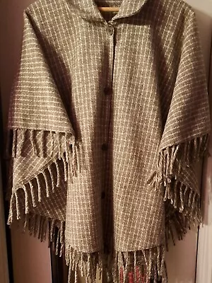 Women's Vintage Boho  Wool Poncho Cape Fringed Button Down Taupe & Cream Sz L  • $42