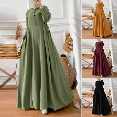 ZANZEA Womens Muslim Long Sleeve A Line Plain Cocktail Evening Swing Maxi Dress • $26.12