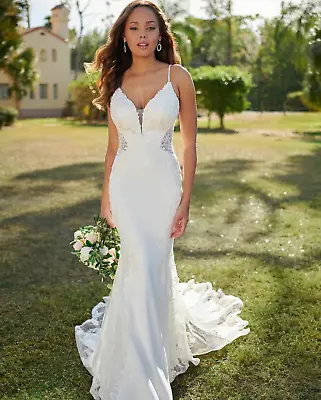 Lace Mermaid Wedding Dress Spaghetti Straps V-Neck Backless Appliques Sleeveless • $219.99