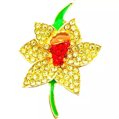 New Gold Daffodil Diamante Crystal Flower Brooch Vintage Pins Lot Broach Enamel • £6.64