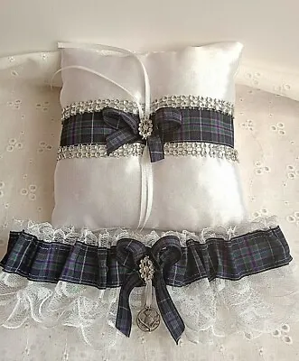 Scottish Tartan Wedding Bride White Ivory Satin Ring Pillow  Matching Garter • £19.50