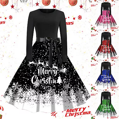 Womens Retro Large Swing Dress Christmas Letter Printing Lace Up Round Neck • $22.89