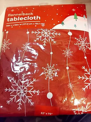 Christmas Vinyl Flannel Back Tablecloth 70  X 52  Red With White Snowflakes • $14