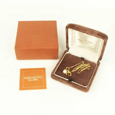 MIKIMOTO Akoya Pearl 7.00mm K18 Yellow Gold Pendant Ribbon Necklace With Box • $659.99