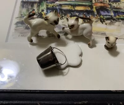 Vintage Set 3 Hagen Renaker Minature Siamese Cat Figurines & Spilled Milk Pail • $35