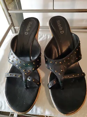 Michelle D Studded Black Cork Wedge Thong Sandals Heels Shoes Size 6 1/2 • $18.95