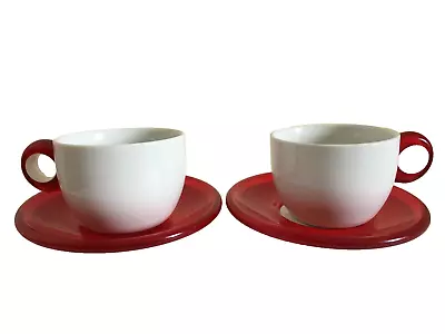 Guzzini CAPPUCCINO  Cups & Saucer SET  Of 2 - White & Red Porcelain /Plastic • £35