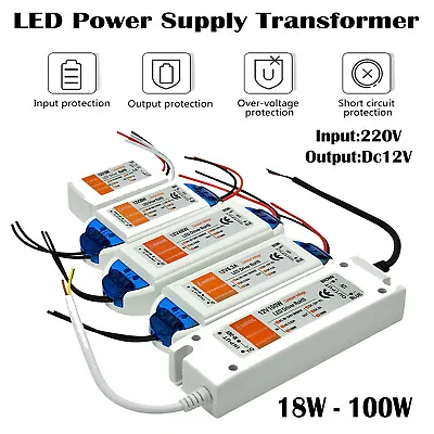 12V LED Driver Power Supply Transformer 18W 28W 48W 72W 100W AC 240V - DC 12V • £5.52