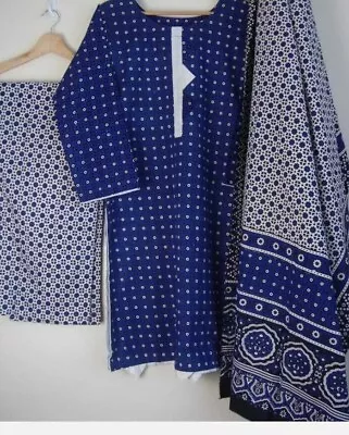 New Pakistani Indian Cotton In AJARK PRINT Stitched 3pc Suit With Flared Trouser • £20