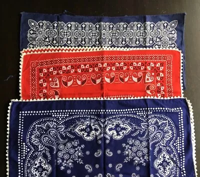 Vintage Bandana Lot Of 3 Blue Red Hankie Colorfast  All Cotton Ric Rac • $35