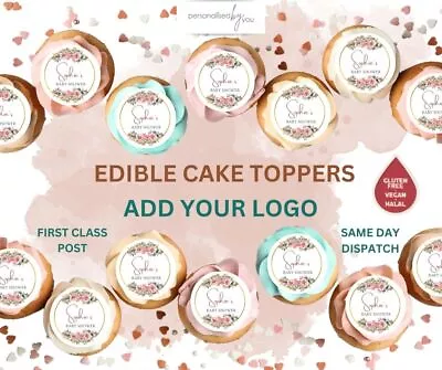 EDIBLE Cupcake Toppers Personalised BABY SHOWER Flowers Printed ICING RICE WAFER • £4.55