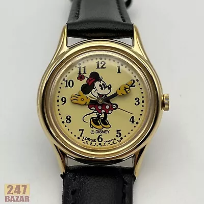 Vintage Lorus Disney Minnie Mouse Quartz Watch Black Leather Band • $34