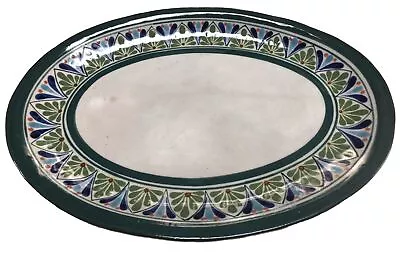 Mexican Pottery Oval Serving Platter Signed Blue Navy Green Red Hand Painted 13” • $26