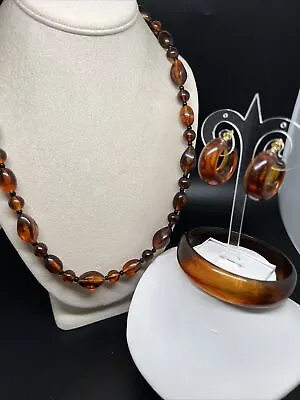 Vintage Faux Tortoise Shell Bead 30” Necklace Bracelet Pierced Earrings 3926 • $43.99