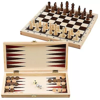 Compendium Set 3 In 1 Wooden Board Game Games Chess Draughts Backgammon • £11.99