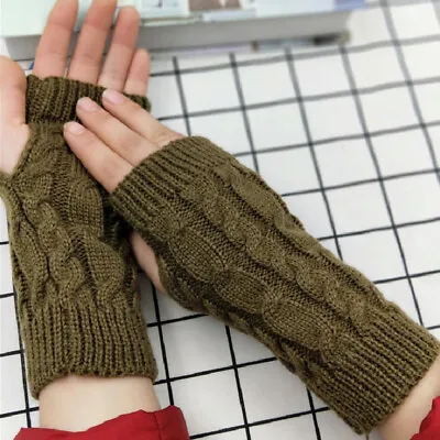 $3.09 • Buy Women's Cable Fingerless Gloves Knit Arm Warmers Long Sleeve Winter Warm Mittens
