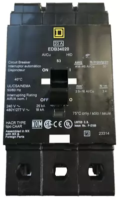 SQUARE D - #EDB34020 - (2-Avail) - 20A - 3P - 480V - Bolt-On Circuit Breaker • $149.99