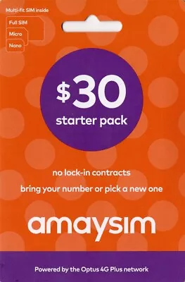 AMAYSIM $30 STARTER PACK - Unlimited Or Pay As You Go Plan - No Contracts - NEW • $20