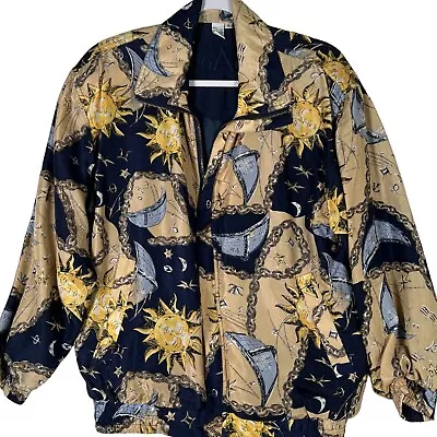 COACO Vintage Sun & Moon Silk Bomber Jacket Celestial Print Size Small 80s 90s • $24.88