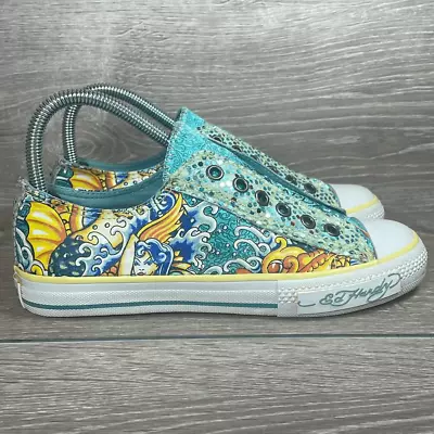 Ed Hardy Women’s Size 6 Teal Yellow Mermaid Fish Sparkle Low Top Slip On Sneaker • $48.99