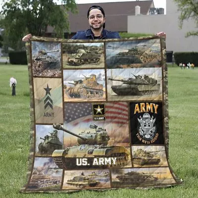 U.S Army Blankets Army Tanks Theme Quilt Fleece Sherpa Army Gifts For Lovers • $79.95
