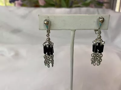 Vintage Park Lane Earrings Dangle Chandelier Black Glass Silver Clip Signed • $6.99