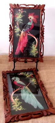 2pc 40's Vintage Mexican BIRD FEATHER ART Pictures Lot /Hand Carved CEDAR Frames • $24.95