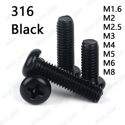 Black 316 Stainless Steel Phillips Pan Head Screws Bolts M1.6 M2 M3 M4 M5 M6 M8 • £71.94