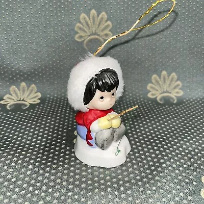 Vintage 1986 BOA Ring-a-Lings Bisque Porcelain Fishing Boy Bell Ornament In Box • $10
