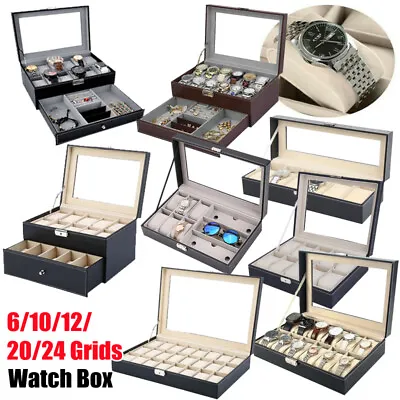 £13.49 • Buy 6/10/12/20/24 Grids Leather Watch Case Display Box Storage Jewellery Glass Top