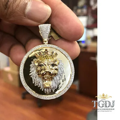 10K Yellow Gold Lion King Canary And White Diamond 2  Medallion Pendant 0.97ct • $2640