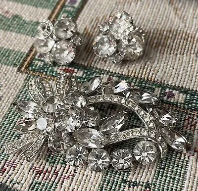 Vintage Eisenberg Ice Silver-Tone Rhinestone Clip-On Earrings & Brooch Set • $64.99