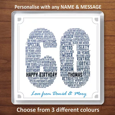 60th Birthday Personalised Word Art Drinks Coaster Gift Present 60 Sixty • £3.99