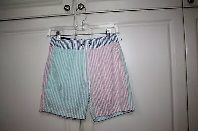 J Crew Cuts Boy Seersucker Swim Trunk Short Green Pink Blue XS Pockets 6'' NWT • $22.50