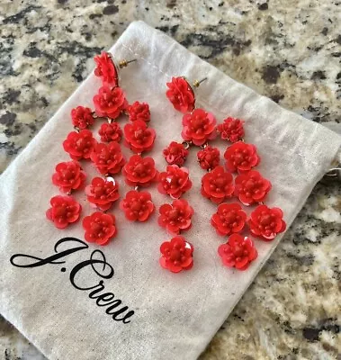 J Crew Floral Sequin Red Chandelier Beaded Drop Statement Earrings 3.5” • $46.74