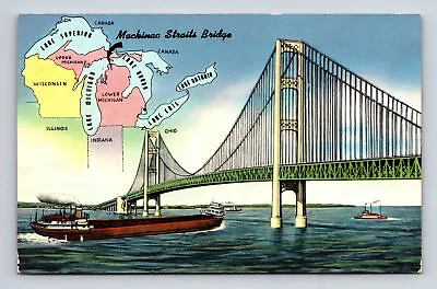 Mackinac Straits Bridge St. Ignace & Mackinaw City Michigan MI Postcard • $4.11