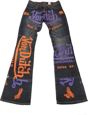 Womens Von Dutch Signature Painted Denim Logo Vintage Flare Purple Jeans Size 26 • $199.99