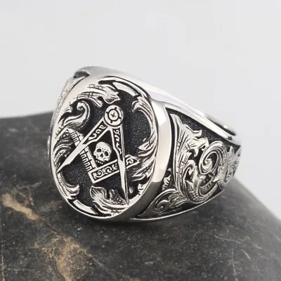 Freemason Skull And Bones Signet Masonic Handcraft Engraved Sterling Silver Ring • $89