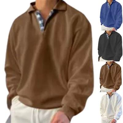 Mens Baggy Polo Neck Casual Sweatshirt Long Sleeve Pullover  Jumper Blouse Shirt • £14.79