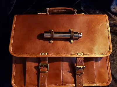 One Of A Kind Genuine Leather Messenger Bag With Strapped Cylinder Flask  • $105