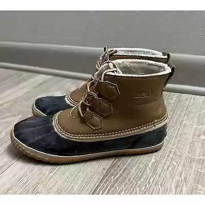 JBU Nala Brown/Blue Rubber Duck Rain Boots Faux Fur Womens Lace Up Shoe Size 9M • $14.99