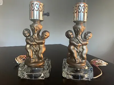 Vintage Pair Table Lamp Gold Metal Cherubs Set On Glass Base 9 Inch High Corded • $55